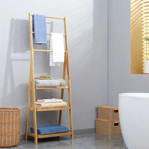 Freestanding Foldable Bamboo Towel Rack with 3 Bars and Shelves for Bathroom