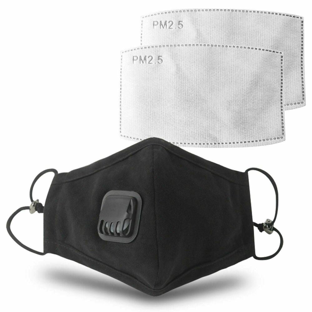 Premium Anti-Pollution Cotton Mask with Valve & Replaceable Filter - Black [1x Mask+2 Filters]