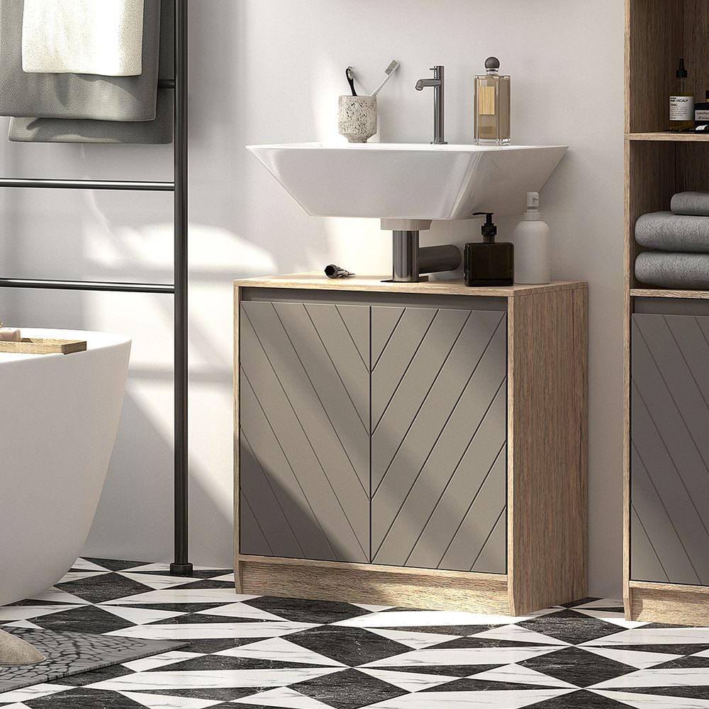 HOMCOM Under Sink Storage Cabinet Floor Standing Cupboard w/Adjustable Shelf Bathroom Cabinet 2 Doors Versatile Style Grey
