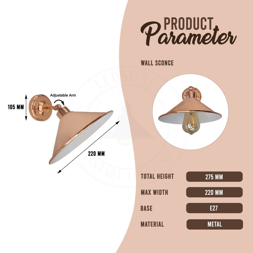 Vintage Industrial Rose Gold Retro Wall Light - Sturdy Metal Lamp Shade - Classic Style - E27"
Description: "Add a touch of vintage elegance to any space with this sturdy metal wall light. Perfect for living rooms, bedrooms, and more!