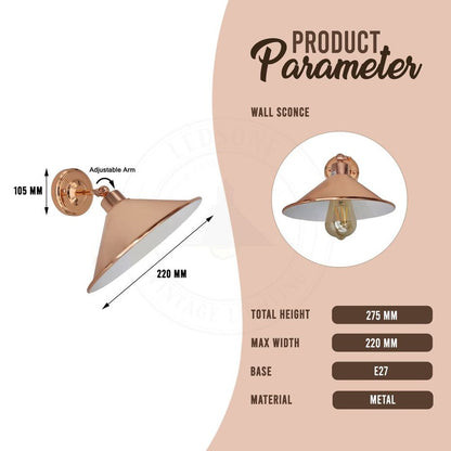 Vintage Industrial Rose Gold Retro Wall Light - Sturdy Metal Lamp Shade - Classic Style - E27"
Description: "Add a touch of vintage elegance to any space with this sturdy metal wall light. Perfect for living rooms, bedrooms, and more!
