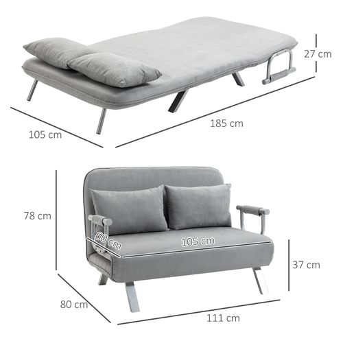 HOMCOM Fabric Convertible 2 Seater Sofa Bed w/ 2 Pillows, Light Grey