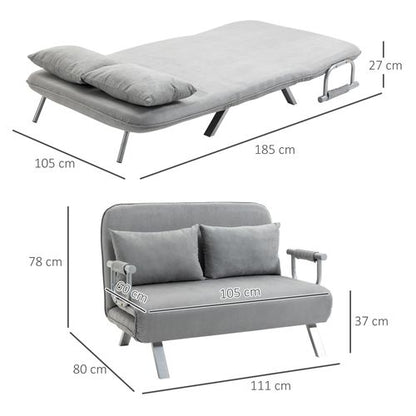 HOMCOM Fabric Convertible 2 Seater Sofa Bed w/ 2 Pillows, Light Grey