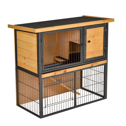 PawHut Wood-metal Rabbit Hutch Guinea Pig Hutch Elevated Pet House Bunny Cage with Slide-Out Tray Openable Roof Outdoor 89.5 x 45 x 81cm Light Yellow