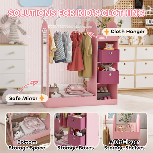 AIYAPLAY Kids Cloth Rail with Storage Shelf, Boxes, Mirror for Bedroom