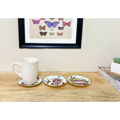 Set of Three Metal Retro Tattoo Design Coasters