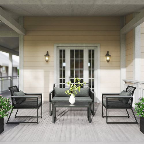 Outsunny 4 Pieces Rattan Garden Furniture Set for 4 Person, Charcoal Grey