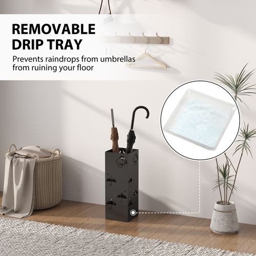 HOMCOM Decorative Umbrella Holder w/ Drip Tray 4 Hooks for Entryway Black