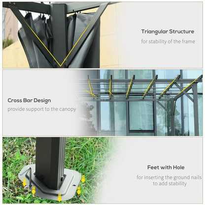 3.6 x 3m Pergola Gazebo Retractable Canopy Curtains, Aluminum, Dark Grey