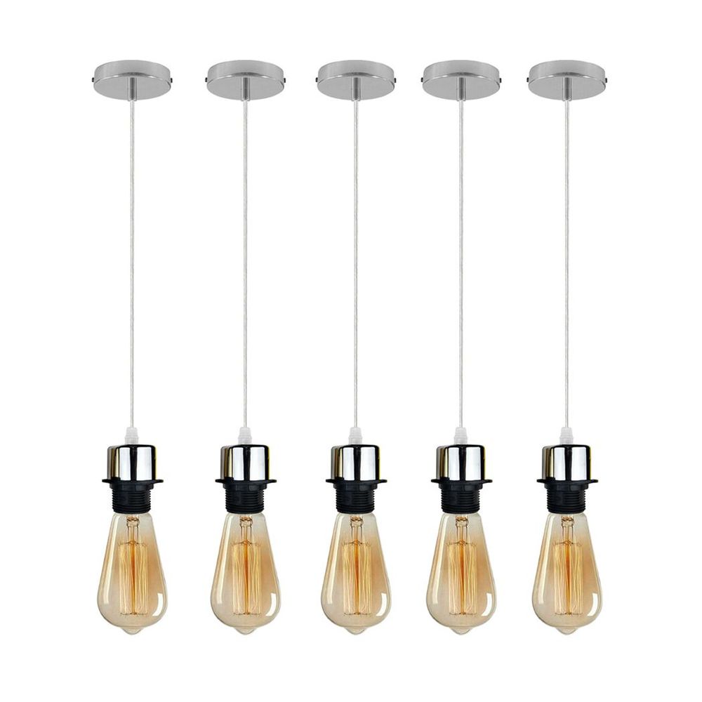 Industrial Chrome Pendant Light - Pack of 5, Addable Lampshade, E27 Lamp Holder