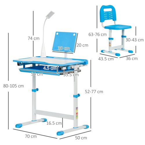Homcom Kids Study Desk and Chair Set w/ USB Lamp, Adjustable Height, Blue