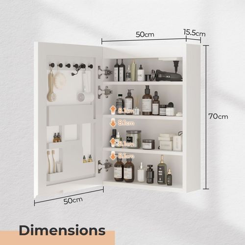 FCH White  LED Mirror Cabinet (20*28 inches),1 Door, 4 Shelves, with Time & Temperature Display, Three-color Lighting, Adjustable Brightness, Power-off Memory