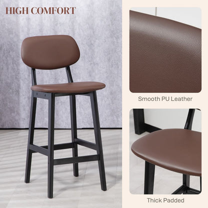 HOMCOM Breakfast Bar stools Set of 2 with PU Leather Cover, Wood Legs, Brown