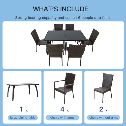 6-Seater Brown Rattan Garden Furniture Tempered Glass Table