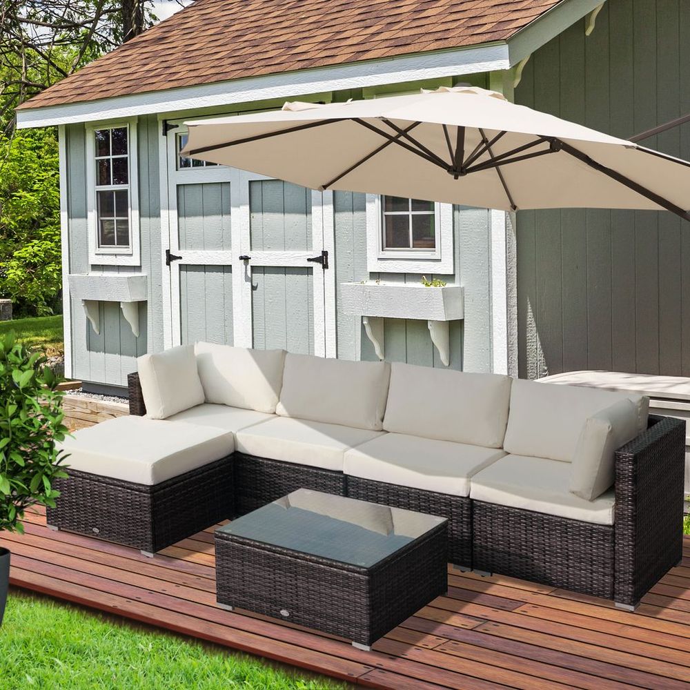 Outsunny Garden Patio Rattan Furniture 6 pcs Wicker Weave Conservatory Sofa Chairs Table Set Brown Aluminium Frame