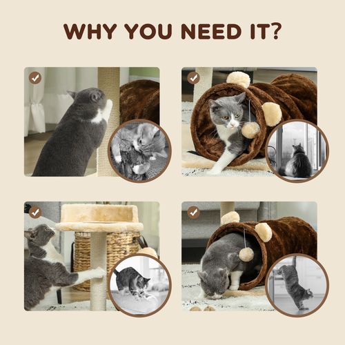 PawHut Cat Tree w/ Scratching Post, Bed, Cat Tunnel, Toy Ball, Dark Brown