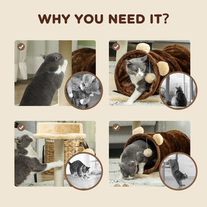 PawHut Cat Tree w/ Scratching Post, Bed, Cat Tunnel, Toy Ball, Dark Brown