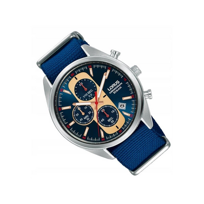 Lorus Mens Urban Chronograph Dated Blue Dial Blue Nylon Strap Watch RM357GX9 BRAND NEW BUT NEEDS BATTERY