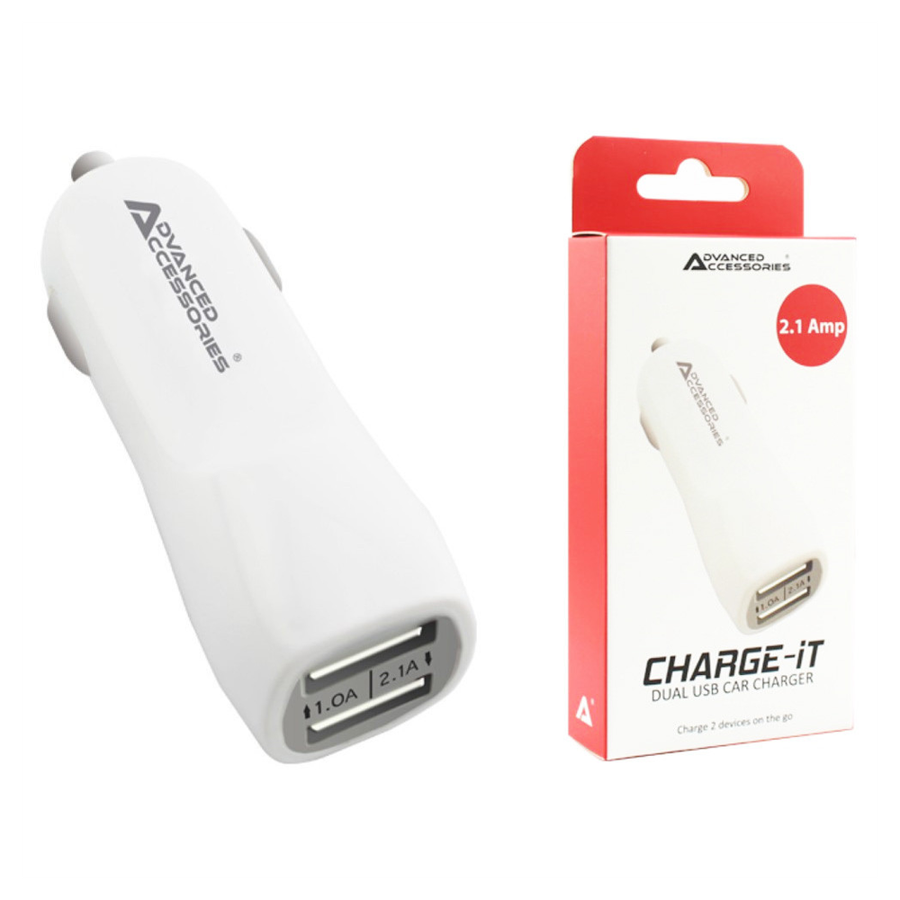 AA CHARGE-iT Premium Dual USB Car Charger - White | 2A and 1A USB Slots | Compatible with Phones, Tablets, Cameras, and More