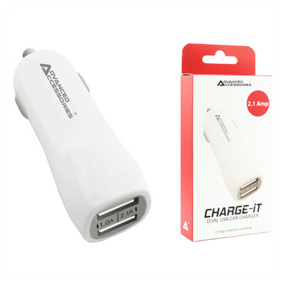 AA CHARGE-iT Premium Dual USB Car Charger - White | 2A and 1A USB Slots | Compatible with Phones, Tablets, Cameras, and More