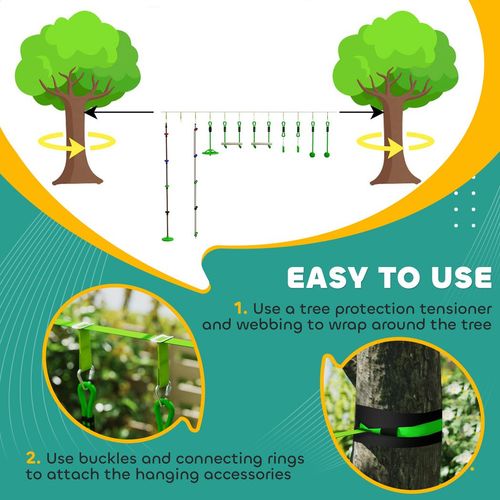 AIYAPLAY Obstacle Course for Kids with 10PCs Slackline Kit, Green