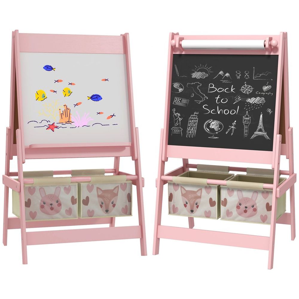 AIYAPLAY Kids Easel with Paper Roll, 3 in 1 Art Easel for Children, with Blackboard, Whiteboard, Storage Baskets, Pink