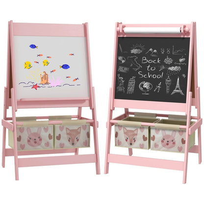 AIYAPLAY Kids Easel with Paper Roll, 3 in 1 Art Easel for Children, with Blackboard, Whiteboard, Storage Baskets, Pink