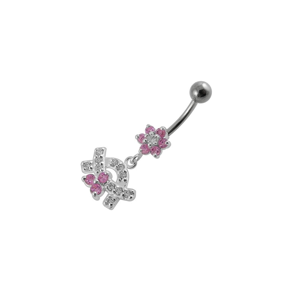 Jeweled Curve With Flower Silver Dangling Banana Bar Navel Belly Ring
