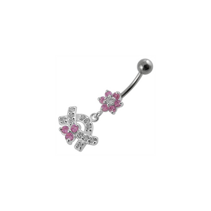 Jeweled Curve With Flower Silver Dangling Banana Bar Navel Belly Ring