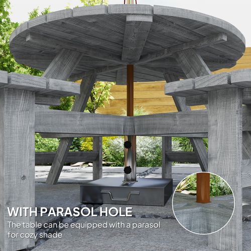 Outsunny 8 Seat Outdoor Wooden Picnic Table with Bench, Parasol Hole, Grey