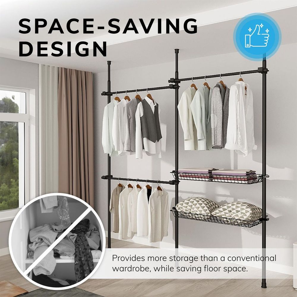 Double Black With Baskets Telescopic Wardrobe Organiser Hanging Rail Clothes Rack Adjustable Storage Shelving