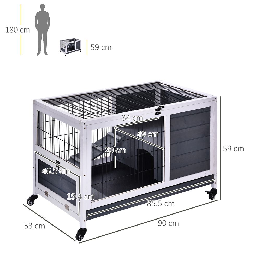 PawHut Wooden Rabbit Hutch Guinea Pigs House Bunny Small Animal Cage Openable Roof Portable Indoor Enclosed Run 90 x 53 x 59 cm White