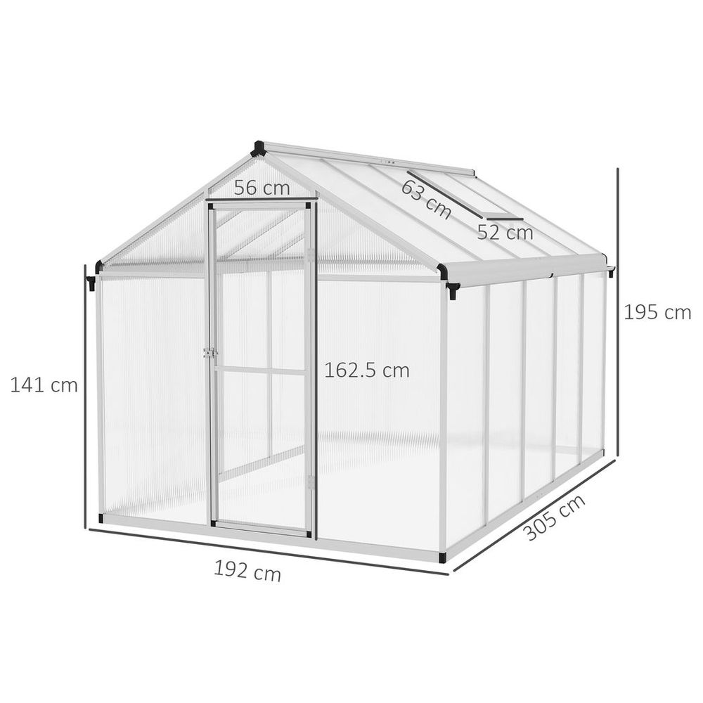 Outsunny 10x6ft Aluminium Greenhouse with/ Door Window Galvanised Base PC Panel