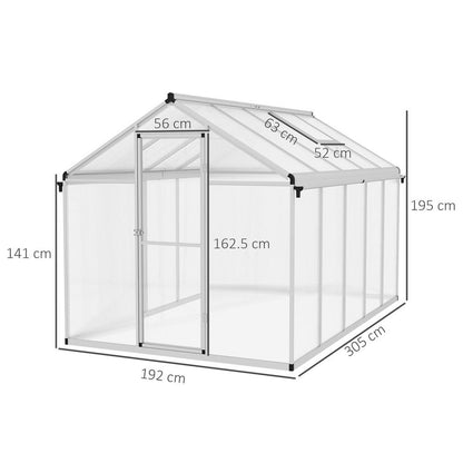 Outsunny 10x6ft Aluminium Greenhouse with/ Door Window Galvanised Base PC Panel