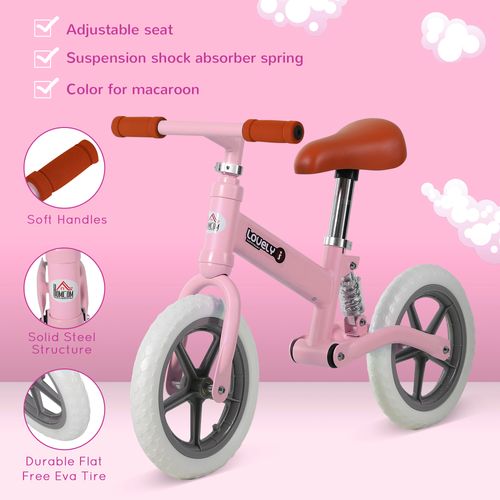 HOMCOM 12" Kids Balance Bike No Pedal Bicycle EVA Tire Adjustable Seat Toddler Training Bike W/Shock Absorber 2-5 Years Gift for Boys Girls Pink