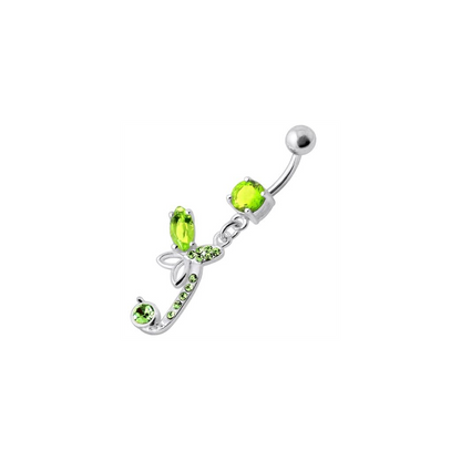 Sterling Silver Fancy Butterfly Jeweled Dangling Curved Bar Belly Ring