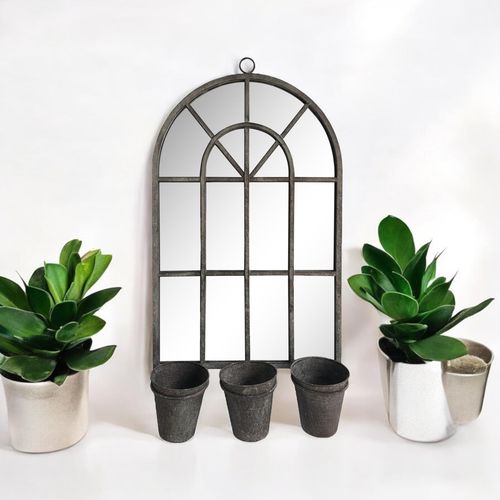 78CM RUSTY WALL MIRROR WITH TRIPLE PLANTER