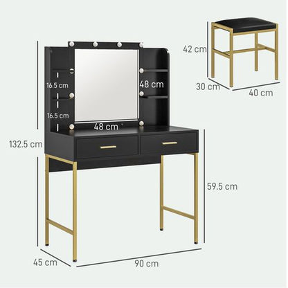 HOMCOM Makeup Vanity Desk Set with Lighted Mirror, Stool, Drawers