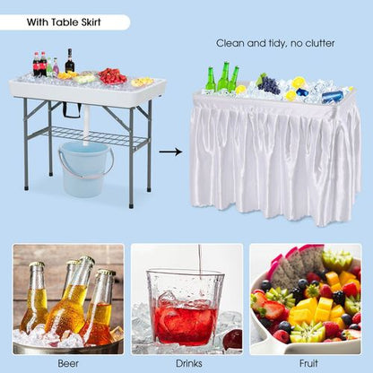 Ice Table with Drain, Folding Ice Cooler Drinks Table with Skirt, Ice Serving Buffet Bar for Party, BBQ, Camping, Garden, Folding Sink Fish/Food Cleaning Table