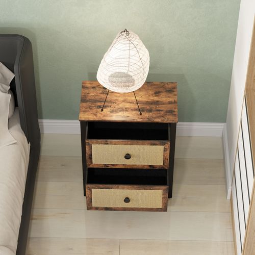 HOMCOM Bedside Table with 2 Rattan Drawers and Steel Legs, Rustic Brown