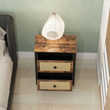 HOMCOM Bedside Table with 2 Rattan Drawers and Steel Legs, Rustic Brown