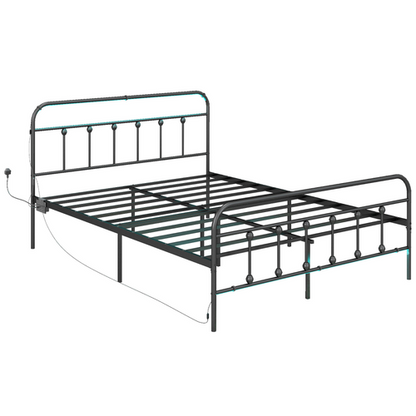 HOMCOM King Bed Frame with LED Lights and Charging Station, Black