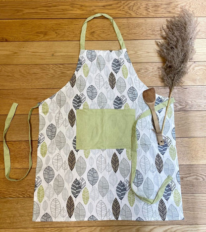 Contemporary Green Leaf Kitchen Apron - High-Quality Cotton, Stylish Design, Perfect for Cooking & Baking