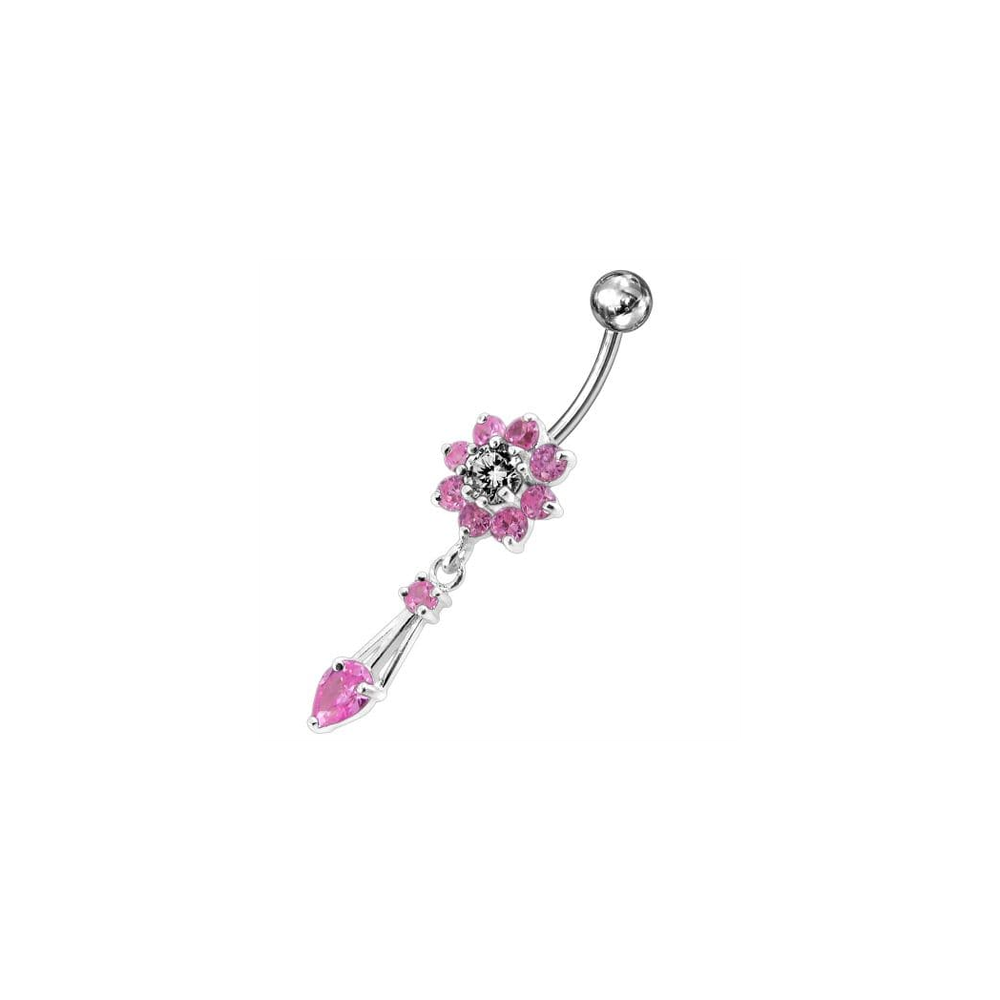 Jeweled Fancy Flower Dangling SS Banana Bar Navel Ring