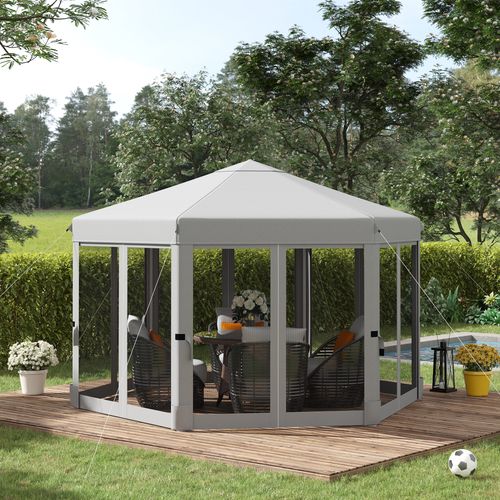 3.2m Pop Up Gazebo Hexagonal Canopy Mesh Sidewalls, Bag, Light Grey