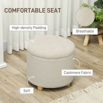 HOMCOM 45cm Round Ottoman with Storage, Lid, Cashmere Footstool, Cream White