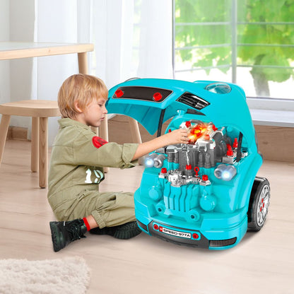 HOMCOM Kids Truck Engine Toy Set Toddler Educational Car Service Station w/RC Car Key Steering Wheel Horn Light, Mechanic Gifts for Ages 3-5 Years - Teal