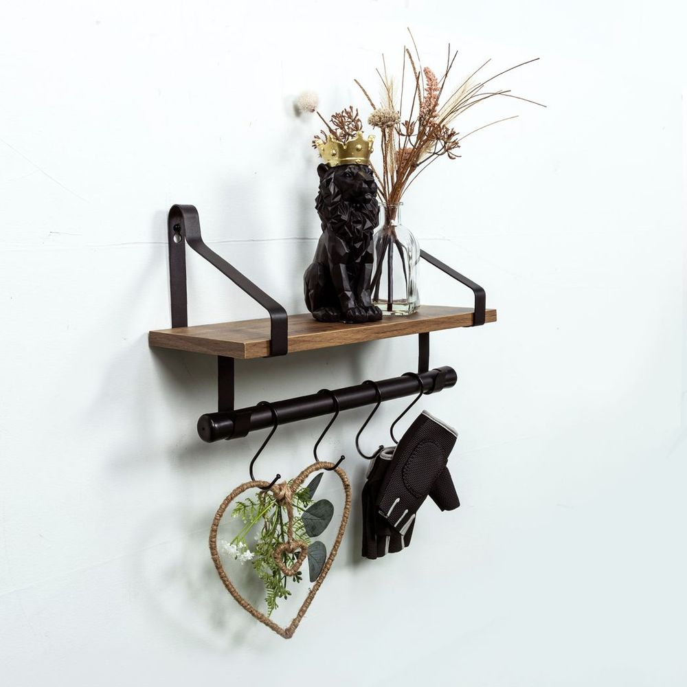 Dark Oak Wall Shelf with Black Rail - PARGI: Professional-Quality, 1 Tier, 15mm MDF+Iron, Black+Oak