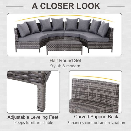 4-Seater Half Moon Shaped Rattan Outdoor Garden Furniture Set Grey