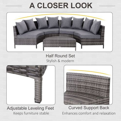 4-Seater Half Moon Shaped Rattan Outdoor Garden Furniture Set Grey
